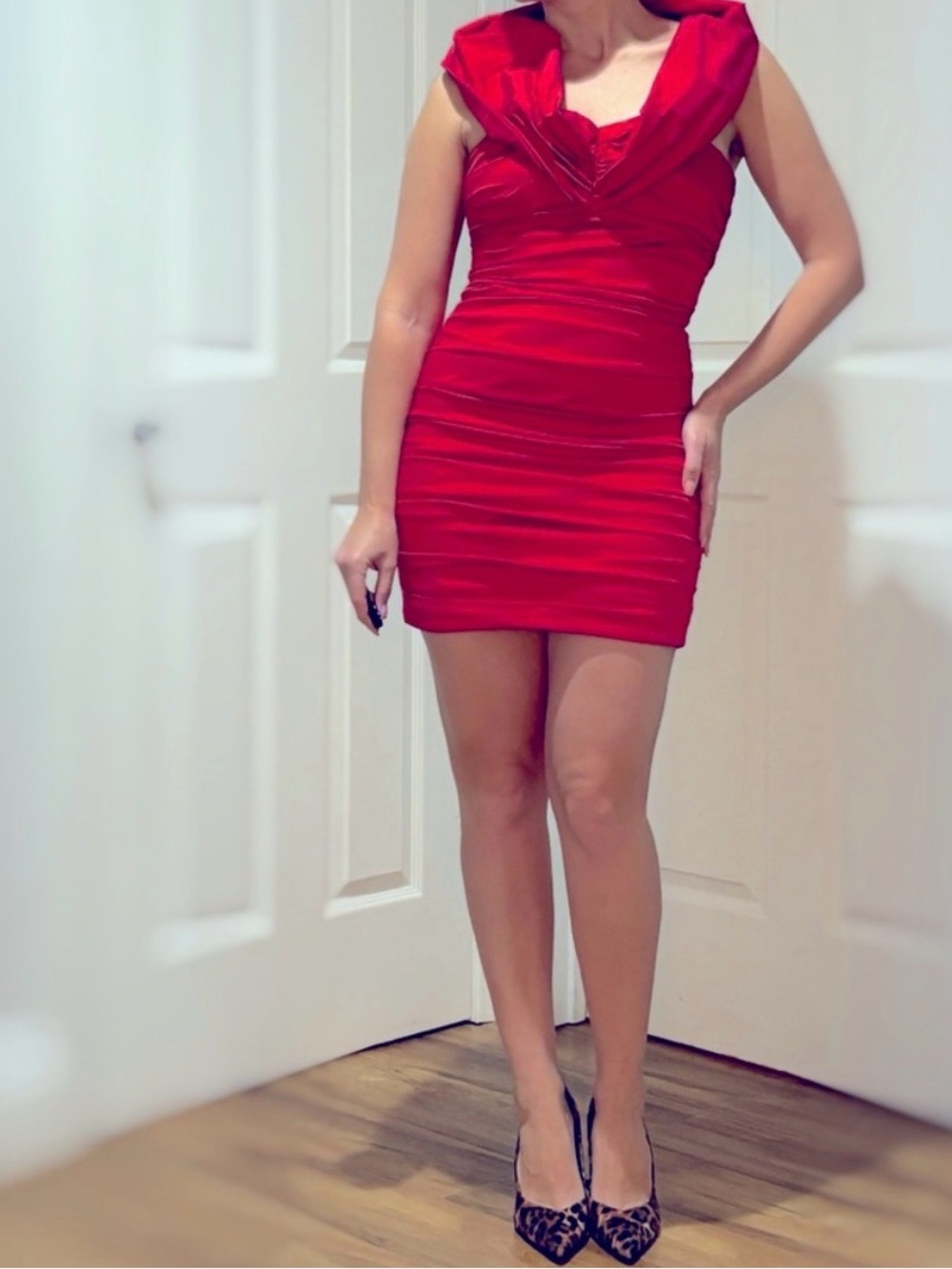 Theia Vibrant Red Cowl-Neck Ruched Mini Dress